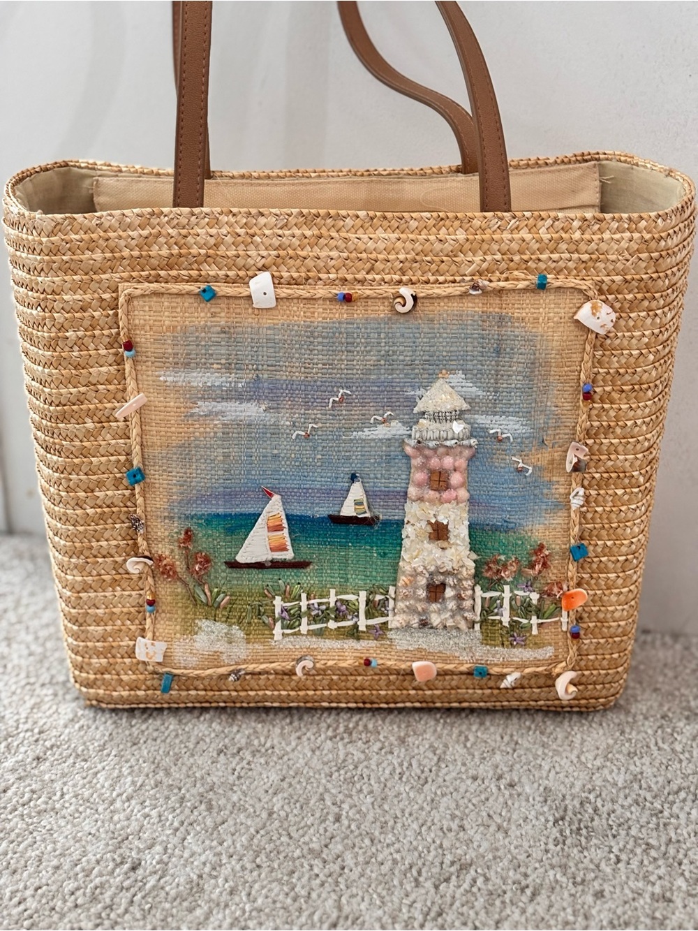 Capelli NY Straworld Inc. Hand-painted Beach Lighthouse Ocean Straw Bag EUC - Picture 2 of 13